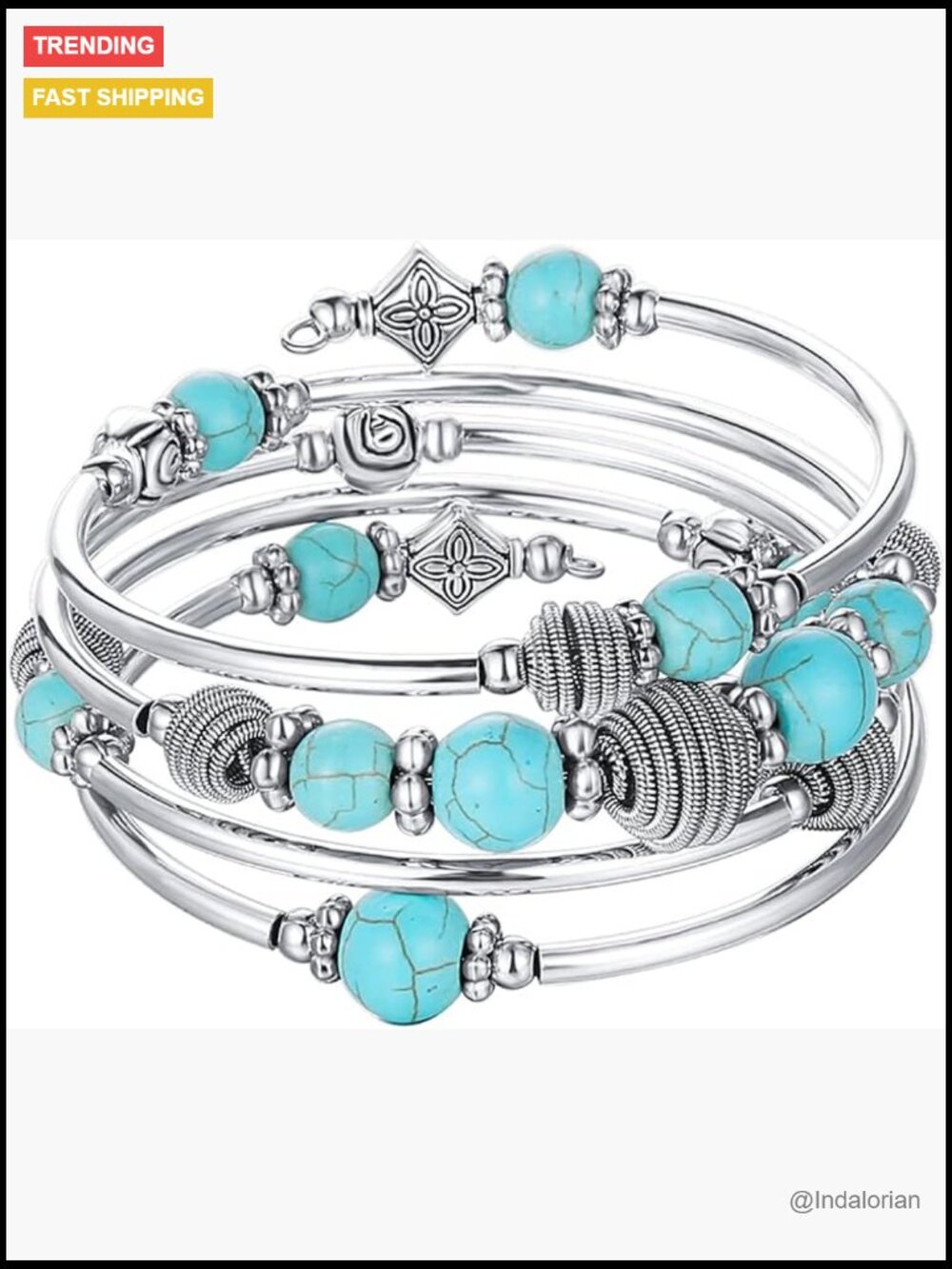 Beaded Chakra Wrap Bangle Turquoise Bracelet with Thick Silver Metal and Mala